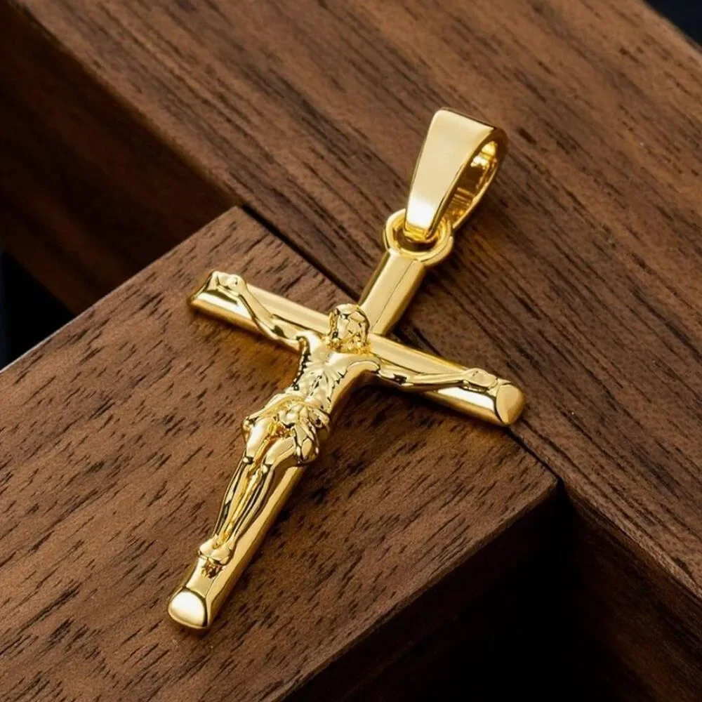 22” 18K Gold Plated Crucifix Cross Pendant Necklace Rope Chain Unisex Religious